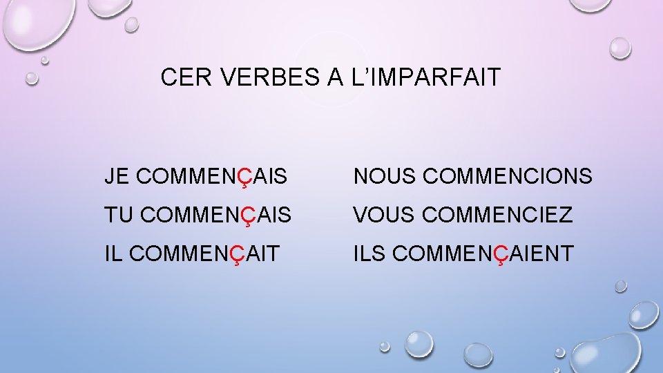CER VERBES A L’IMPARFAIT JE COMMENÇAIS NOUS COMMENCIONS TU COMMENÇAIS VOUS COMMENCIEZ IL COMMENÇAIT
