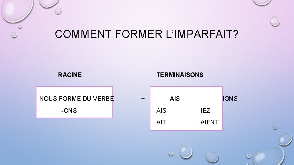 COMMENT FORMER L’IMPARFAIT? RACINE TERMINAISONS NOUS FORME DU VERBE + AIS -ONS AIS IEZ