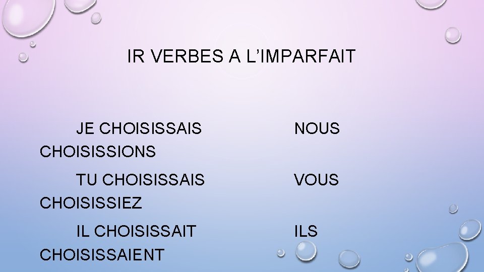 IR VERBES A L’IMPARFAIT JE CHOISISSAIS CHOISISSIONS NOUS TU CHOISISSAIS CHOISISSIEZ VOUS IL CHOISISSAIT