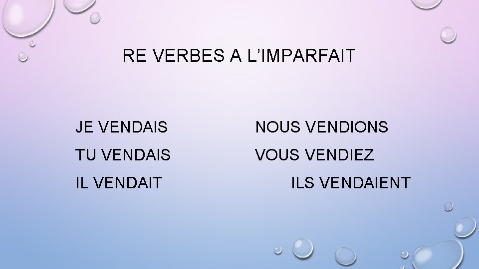 RE VERBES A L’IMPARFAIT JE VENDAIS NOUS VENDIONS TU VENDAIS VOUS VENDIEZ IL VENDAIT