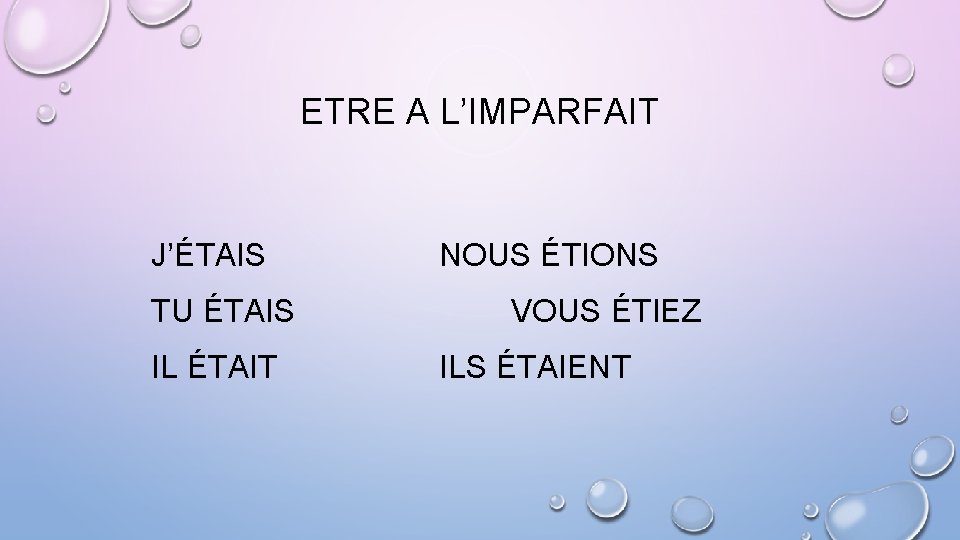 ETRE A L’IMPARFAIT J’ÉTAIS TU ÉTAIS IL ÉTAIT NOUS ÉTIONS VOUS ÉTIEZ ILS ÉTAIENT