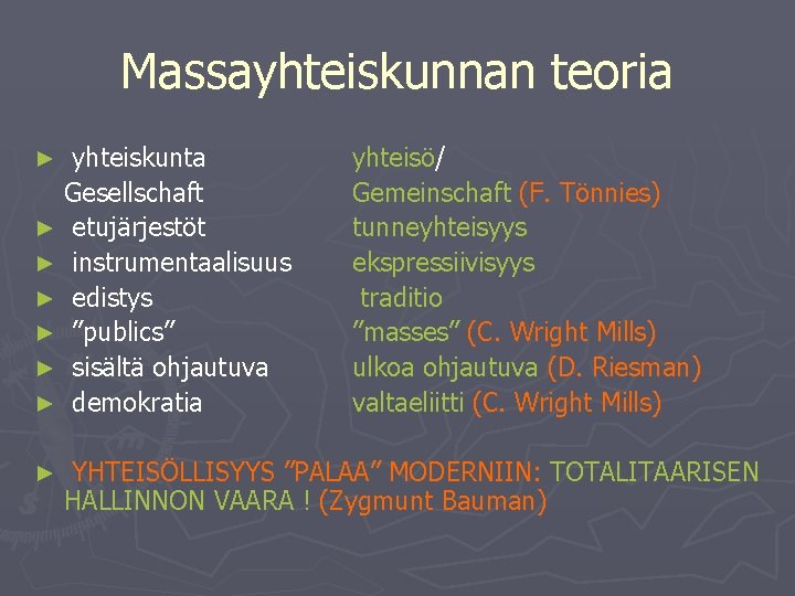 Massayhteiskunnan teoria yhteiskunta Gesellschaft ► etujärjestöt ► instrumentaalisuus ► edistys ► ”publics” ► sisältä