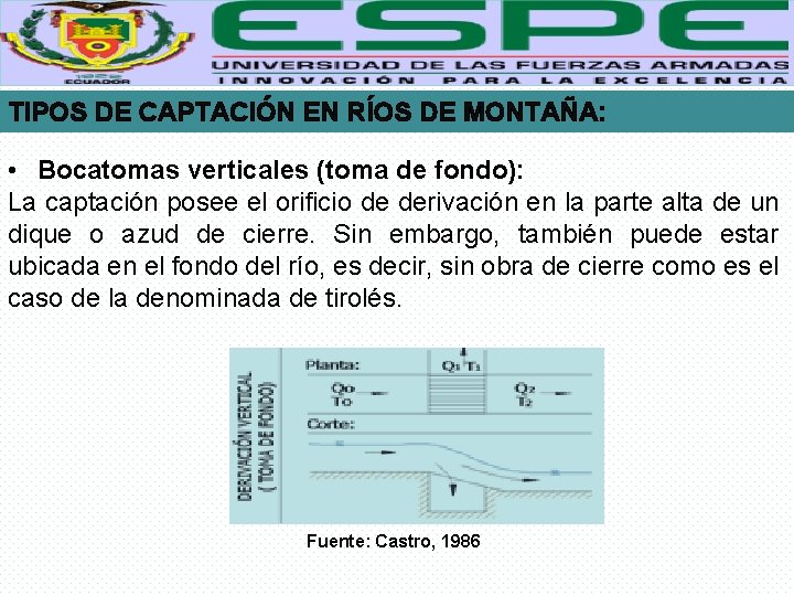 TIPOS DE CAPTACIÓN EN RÍOS DE MONTAÑA: • Bocatomas verticales (toma de fondo): La