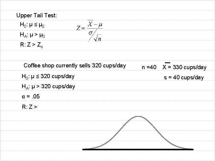Upper Tail Test: H 0 : µ ≤ µ 0 HA : µ >