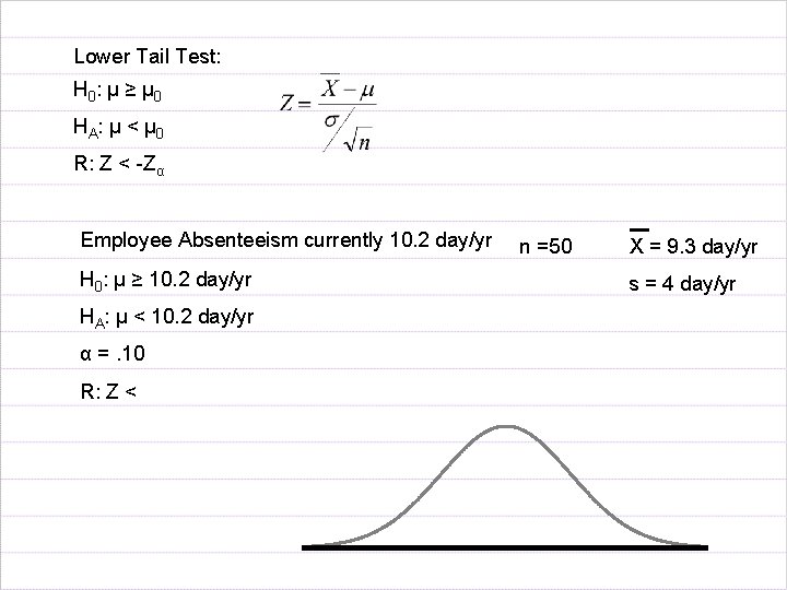 Lower Tail Test: H 0 : µ ≥ µ 0 HA : µ <