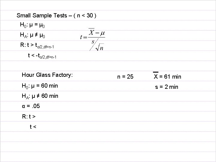 Small Sample Tests – ( n < 30 ) H 0 : µ =