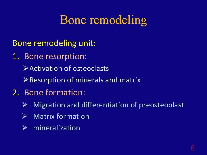 Bone remodeling unit: 1. Bone resorption: ØActivation of osteoclasts ØResorption of minerals and matrix