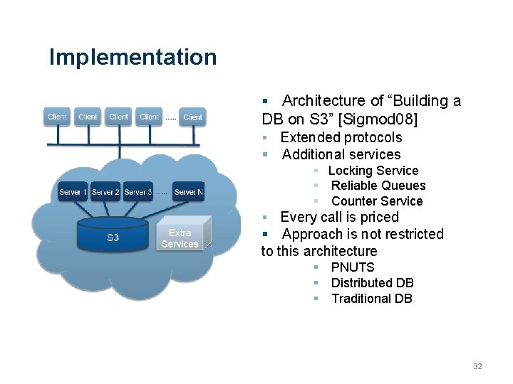 Implementation Architecture of “Building a DB on S 3” [Sigmod 08] Extended protocols Additional