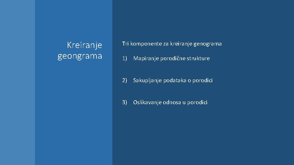 Kreiranje geongrama Tri komponente za kreiranje genograma 1) Mapiranje porodične strukture 2) Sakupljanje podataka