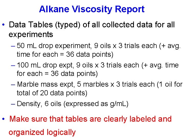 Alkane Viscosity Report • Data Tables (typed) of all collected data for all experiments