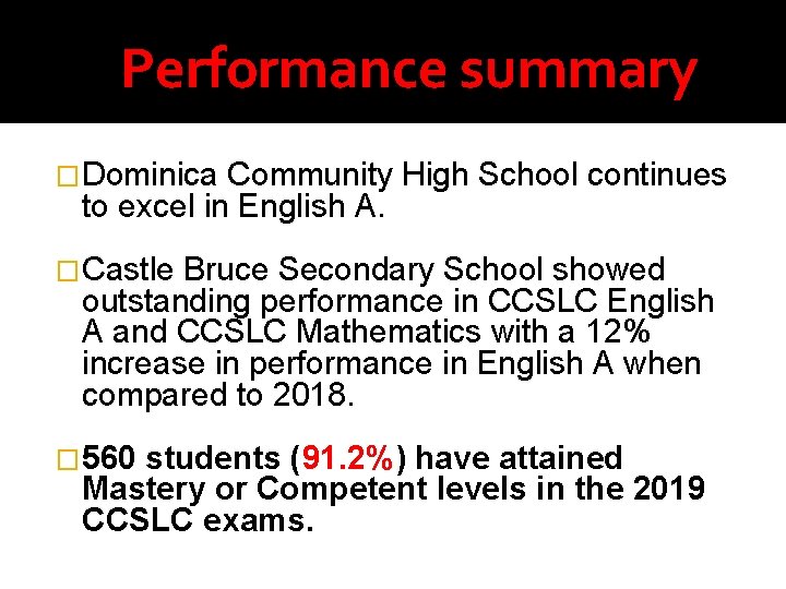 Performance summary �Dominica Community High School continues to excel in English A. �Castle Bruce