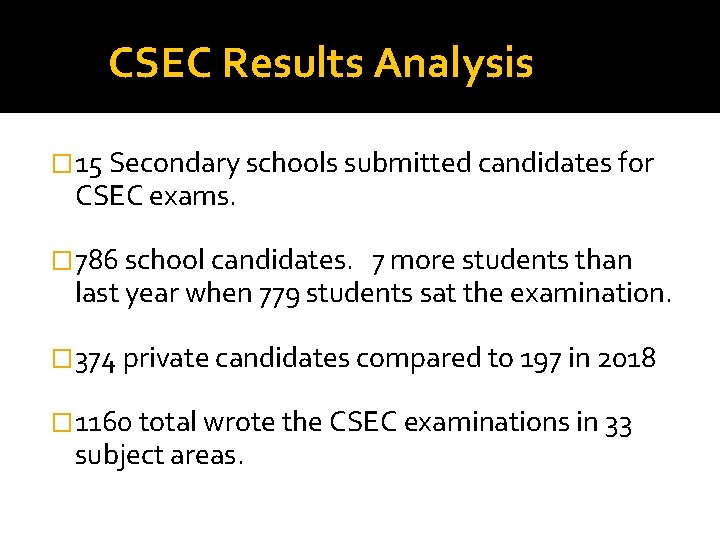 CSEC Results Analysis � 15 Secondary schools submitted candidates for CSEC exams. � 786