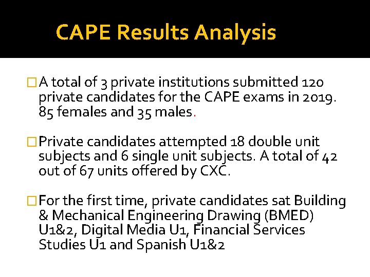 CAPE Results Analysis �A total of 3 private institutions submitted 120 private candidates for