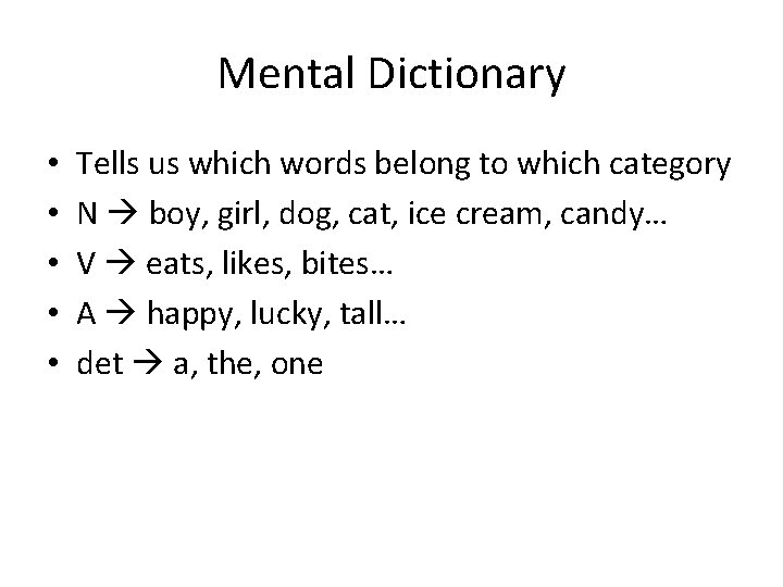 Mental Dictionary • • • Tells us which words belong to which category N Mental Dictionary • • • Tells us which words belong to which category N