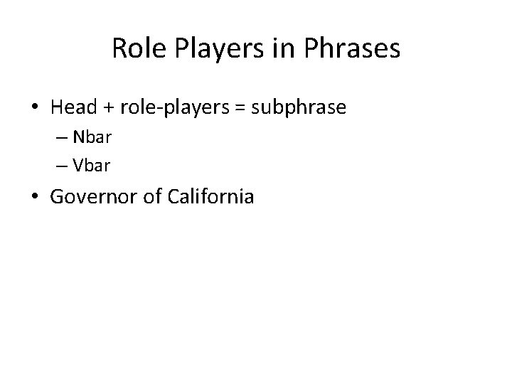 Role Players in Phrases • Head + role-players = subphrase – Nbar – Vbar Role Players in Phrases • Head + role-players = subphrase – Nbar – Vbar
