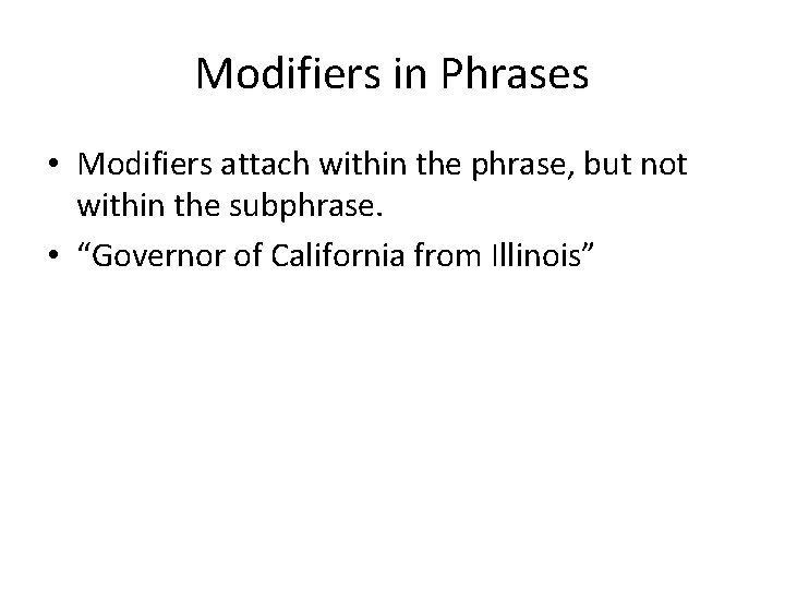 Modifiers in Phrases • Modifiers attach within the phrase, but not within the subphrase. Modifiers in Phrases • Modifiers attach within the phrase, but not within the subphrase.