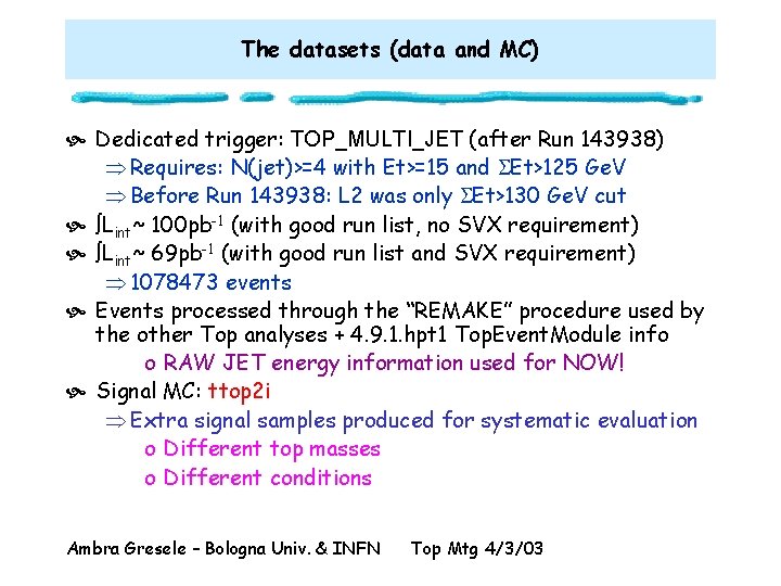 The datasets (data and MC) Dedicated trigger: TOP_MULTI_JET (after Run 143938) Þ Requires: N(jet)>=4
