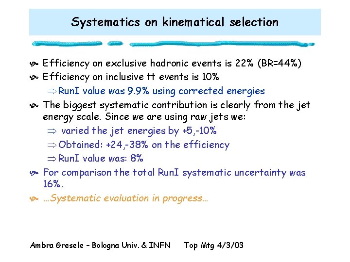 Systematics on kinematical selection Efficiency on exclusive hadronic events is 22% (BR=44%) Efficiency on