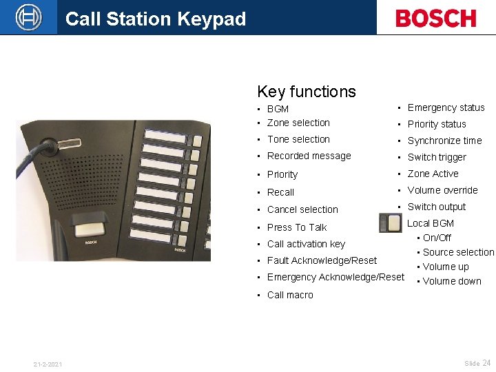 Call Station Keypad Key functions • BGM • Zone selection • Emergency status •