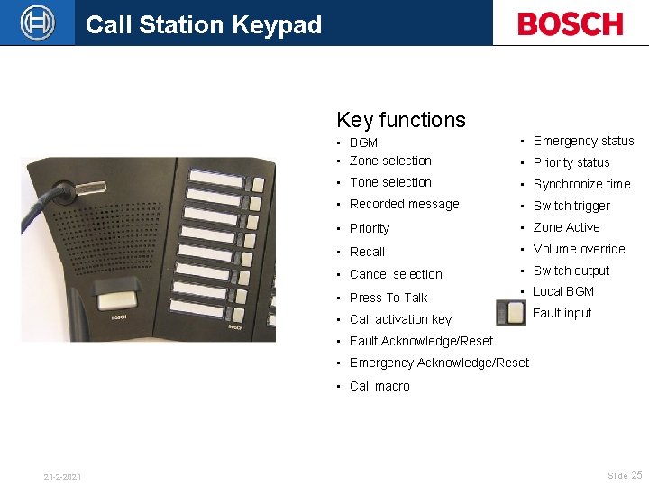 Call Station Keypad Key functions • BGM • Zone selection • Emergency status •