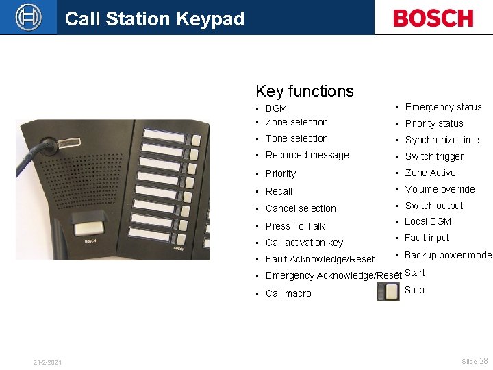 Call Station Keypad Key functions • BGM • Zone selection • Emergency status •