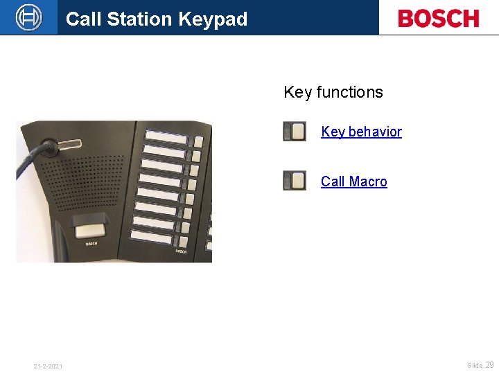 Call Station Keypad Key functions Key behavior Call Macro 21 -2 -2021 Slide 29