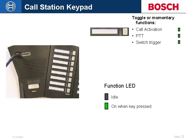 Call Station Keypad Toggle or momentary functions: • Call Activation • PTT • Switch