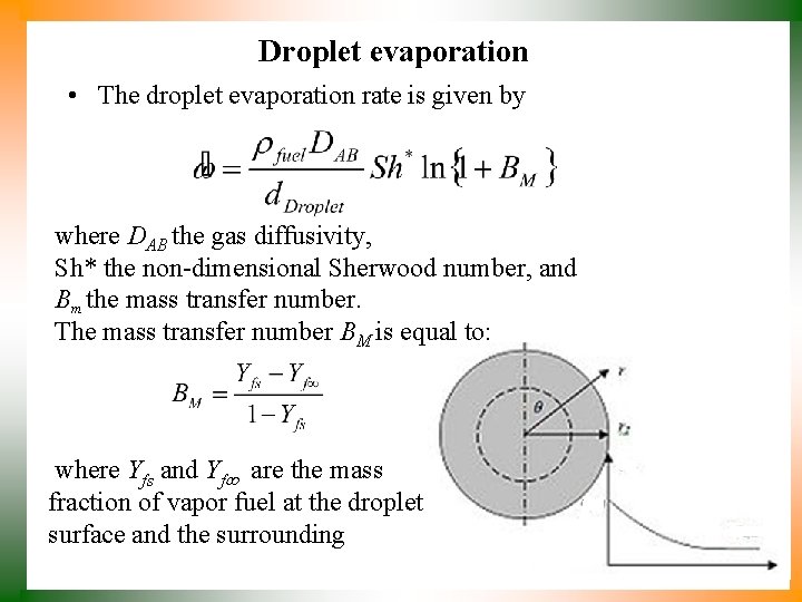 Droplet evaporation • The droplet evaporation rate is given by where DAB the gas