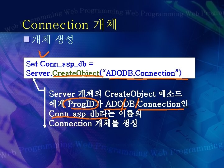 Connection 개체 개체 생성 Set Conn_asp_db = Server. Create. Object(“ADODB. Connection”) Server 개체의 Create.