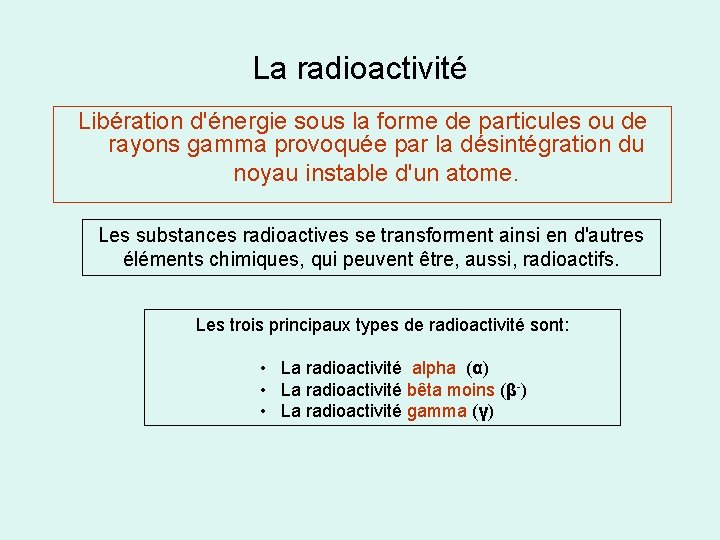 La radioactivité Libération d'énergie sous la forme de particules ou de rayons gamma provoquée