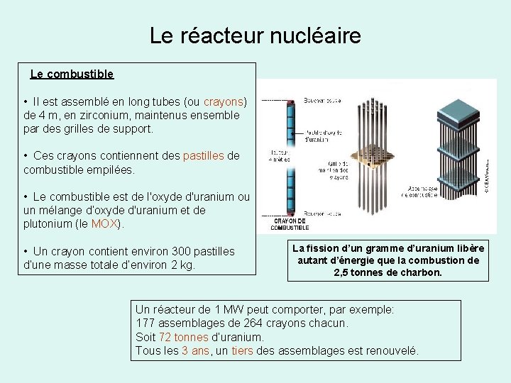 Le réacteur nucléaire Le combustible • Il est assemblé en long tubes (ou crayons)