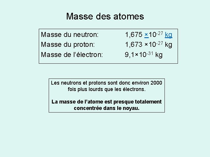 Masse des atomes Masse du neutron: Masse du proton: Masse de l’électron: 1, 675