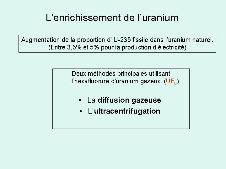 L’enrichissement de l’uranium Augmentation de la proportion d’ U-235 fissile dans l’uranium naturel. (Entre