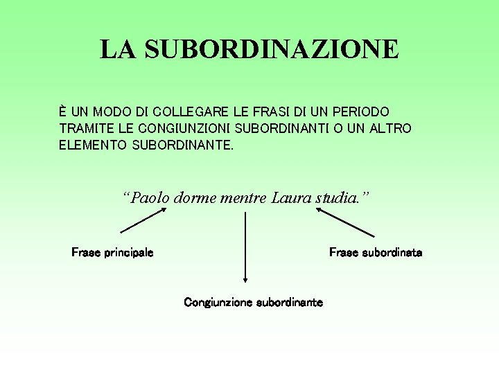 LA SUBORDINAZIONE È UN MODO DI COLLEGARE LE FRASI DI UN PERIODO TRAMITE LE