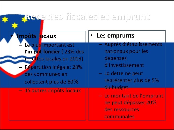 Recettes fiscales et emprunt • Impôts locaux • Les emprunts – Auprès d’établissements nationaux