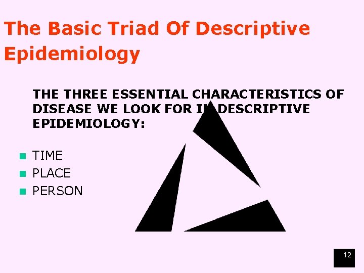 The Basic Triad Of Descriptive Epidemiology THE THREE ESSENTIAL CHARACTERISTICS OF DISEASE WE LOOK