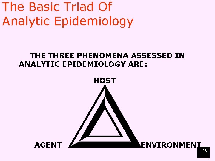 The Basic Triad Of Analytic Epidemiology THE THREE PHENOMENA ASSESSED IN ANALYTIC EPIDEMIOLOGY ARE: