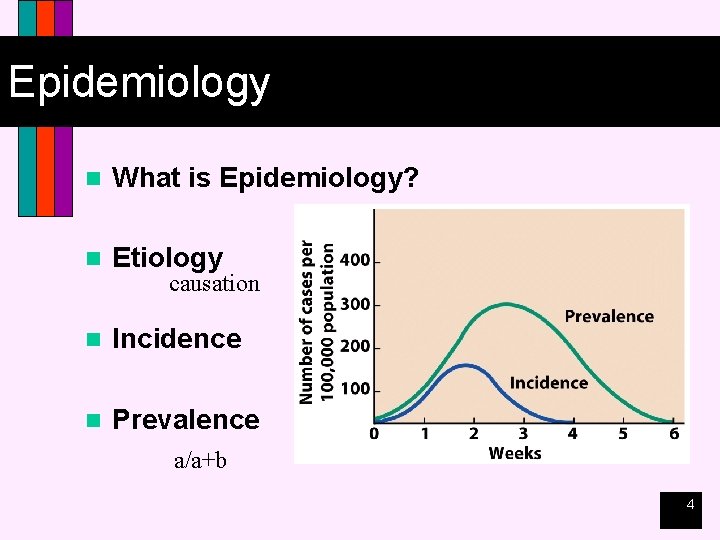 Epidemiology n What is Epidemiology? n Etiology n Incidence n Prevalence causation a/a+b 4