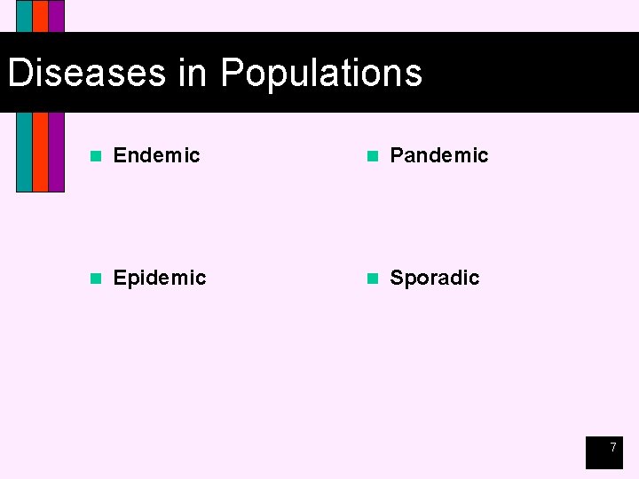 Diseases in Populations n Endemic n Pandemic n Epidemic n Sporadic 7 