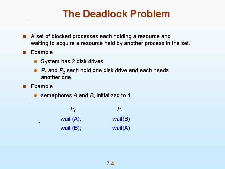 The Deadlock Problem n A set of blocked processes each holding a resource and