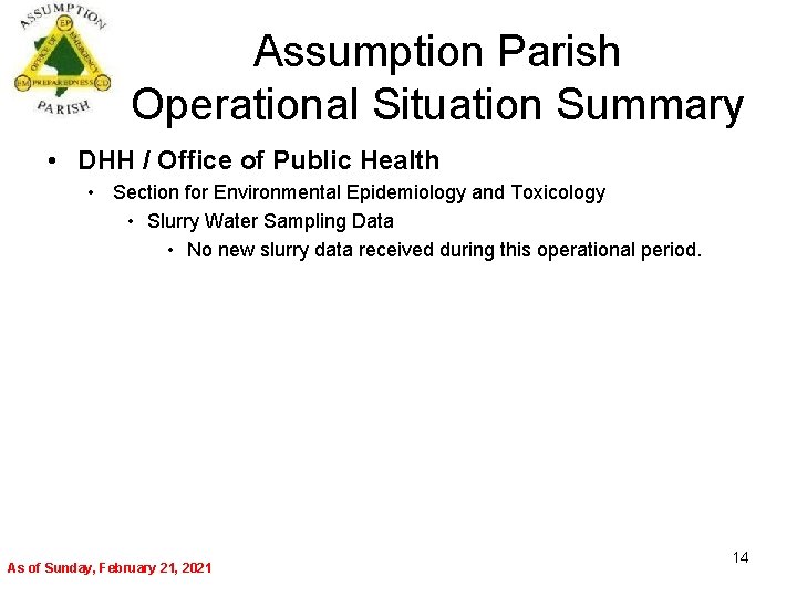 Assumption Parish Operational Situation Summary • DHH / Office of Public Health • Section