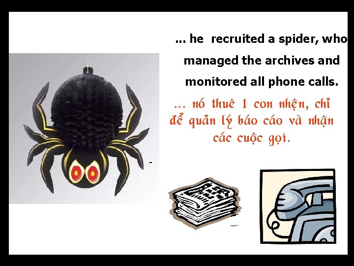 . . . he recruited a spider, who managed the archives and monitored all