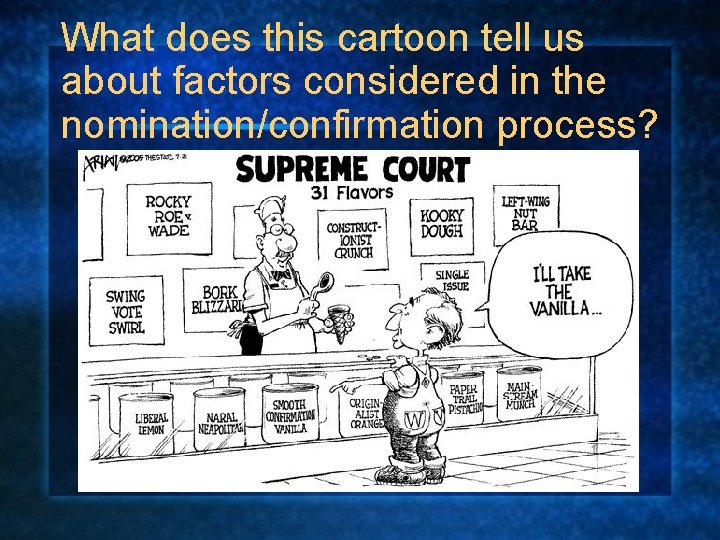 What does this cartoon tell us about factors considered in the nomination/confirmation process? 