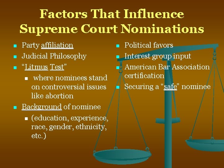 Factors That Influence Supreme Court Nominations Party affiliation Judicial Philosophy “Litmus Test” where nominees