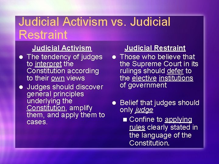 Judicial Activism vs. Judicial Restraint Judicial Activism Judicial Restraint The tendency of judges Those