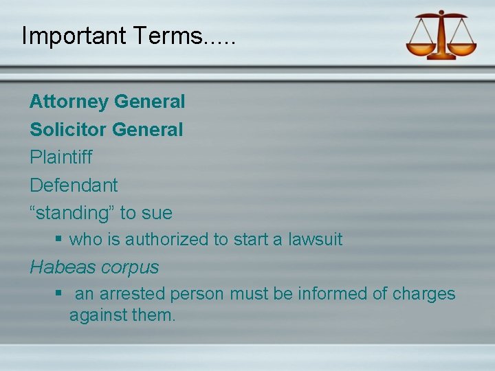 Important Terms. . . Attorney General Solicitor General Plaintiff Defendant “standing” to sue who