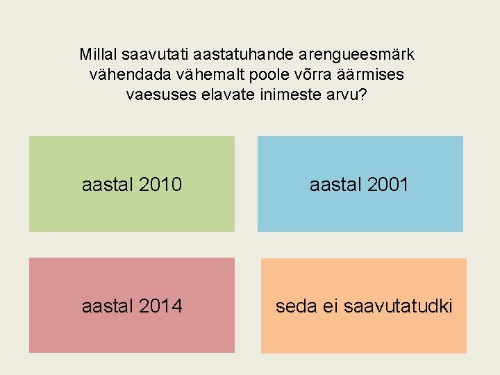 Millal saavutati aastatuhande arengueesmärk vähendada vähemalt poole võrra äärmises vaesuses elavate inimeste arvu? aastal