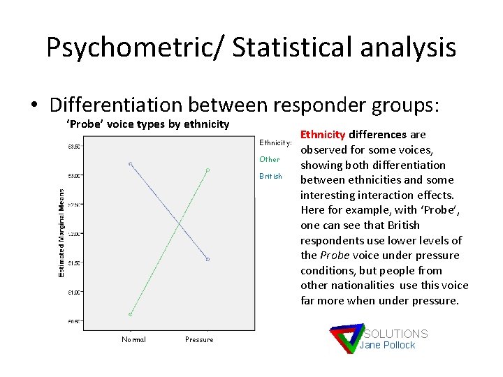 Psychometric/ Statistical analysis • Differentiation between responder groups: ‘Probe’ voice types by ethnicity Ethnicity:
