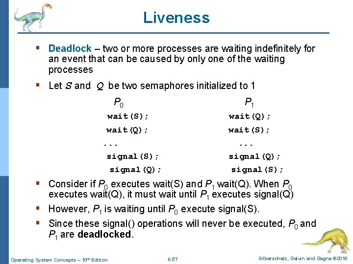 Liveness § Deadlock – two or more processes are waiting indefinitely for an event