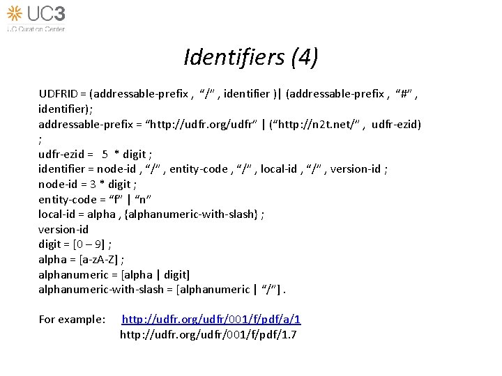 Identifiers (4) UDFRID = (addressable-prefix , “/” , identifier )| (addressable-prefix , “#” ,